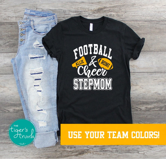 Custom Football and Cheer Stepmom shirt with megaphone and football, personalized with school colors and names for game day spirit wear