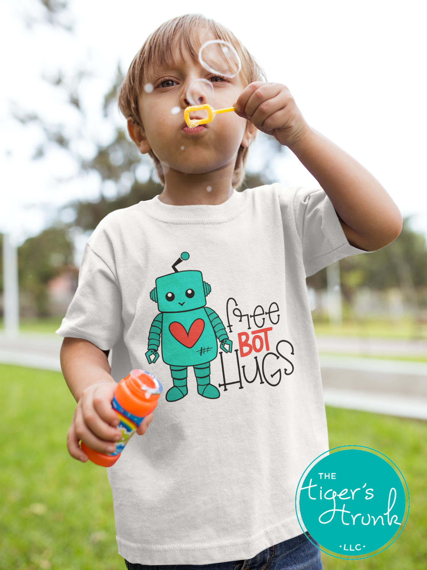 Kids Valentine’s Day shirt with the phrase Free Bot Hugs, a fun STEM-inspired robot design for young tech enthusiasts."