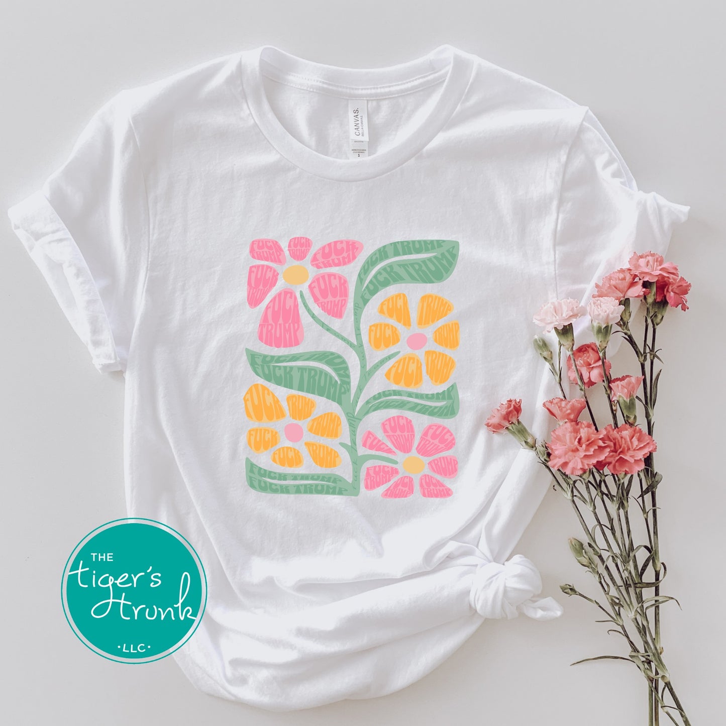 Bright floral-patterned t-shirt with hidden Fuck Trump message, subtle activism apparel