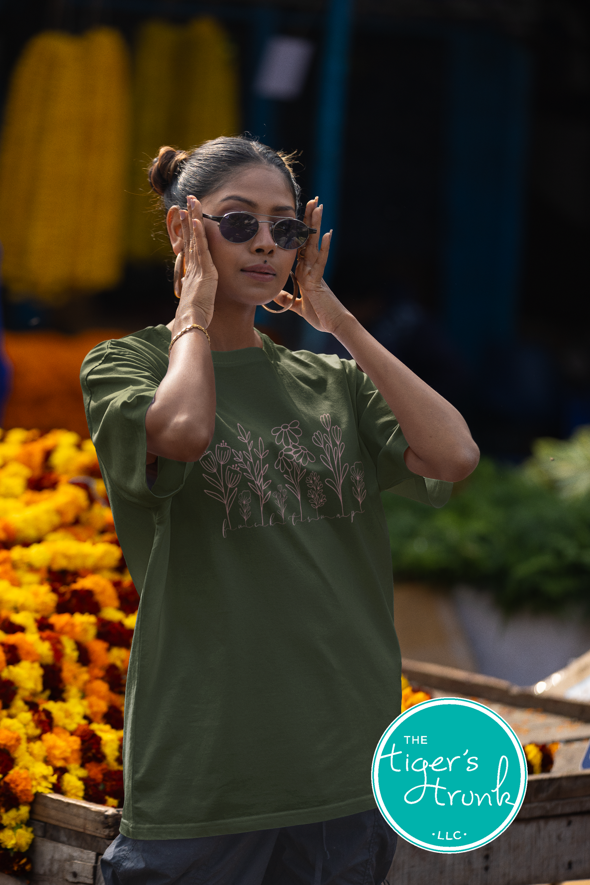 A wildflower-patterned t-shirt with a hidden Fuck Trump message. A subtle yet bold way to express political resistance in today’s climate.