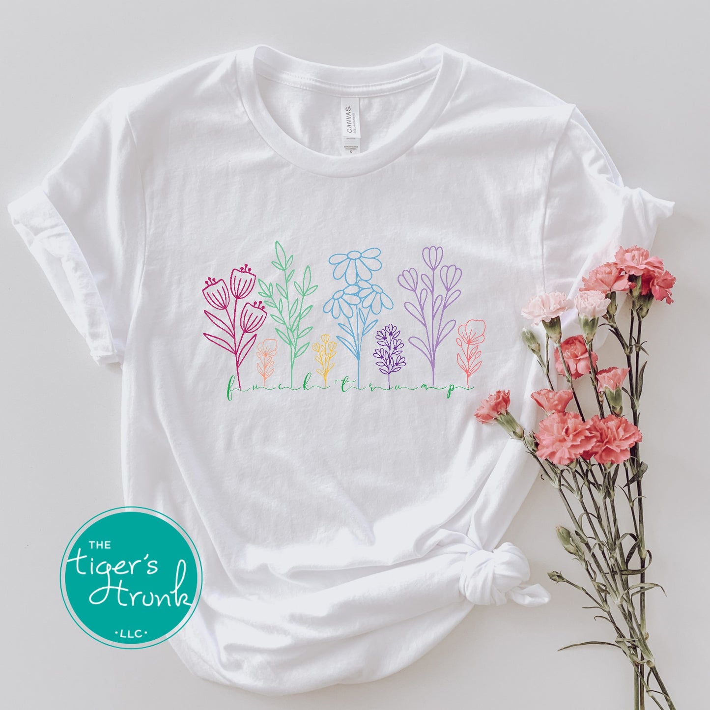 Wildflower-patterned t-shirt with hidden Fuck Trump message, subtle activist apparel