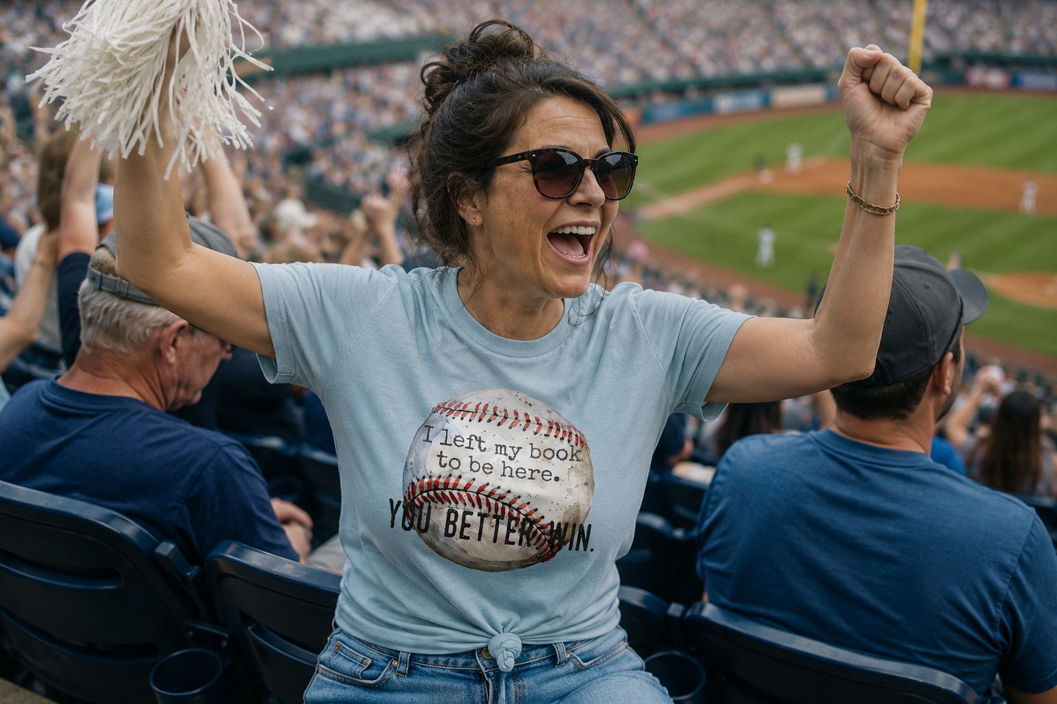 Woman cheering at a baseball game with pom-poms and sunglasses, wearing a t-shirt with a humorous message.