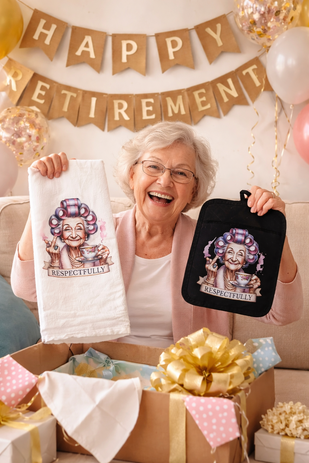 Woman holding a towel and a pot holder with a cartoon character on them, surrounded by balloons and a 'Happy Retirement' banner.