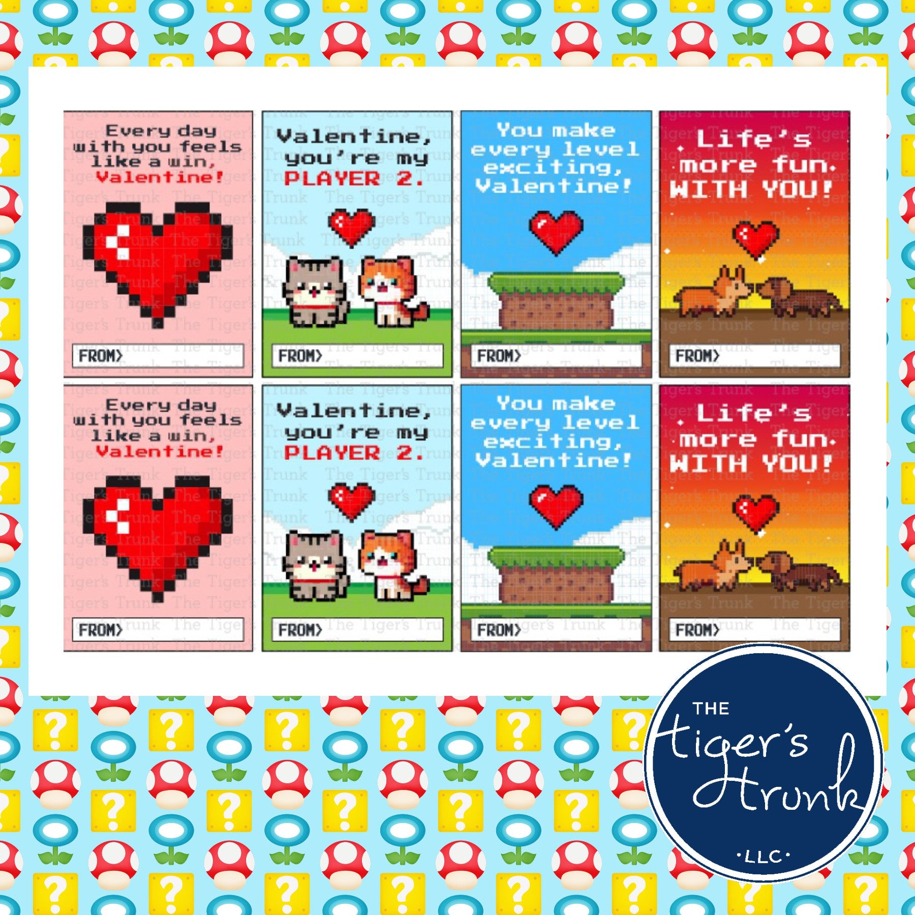 Valentine’s cards with a video game theme featuring messages like "You Make Every Level Exciting" and "Valentine You’re My Player 2."