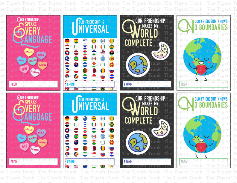 Valentine’s cards with geography and travel themes featuring messages like "Our Friendship Is Universal."