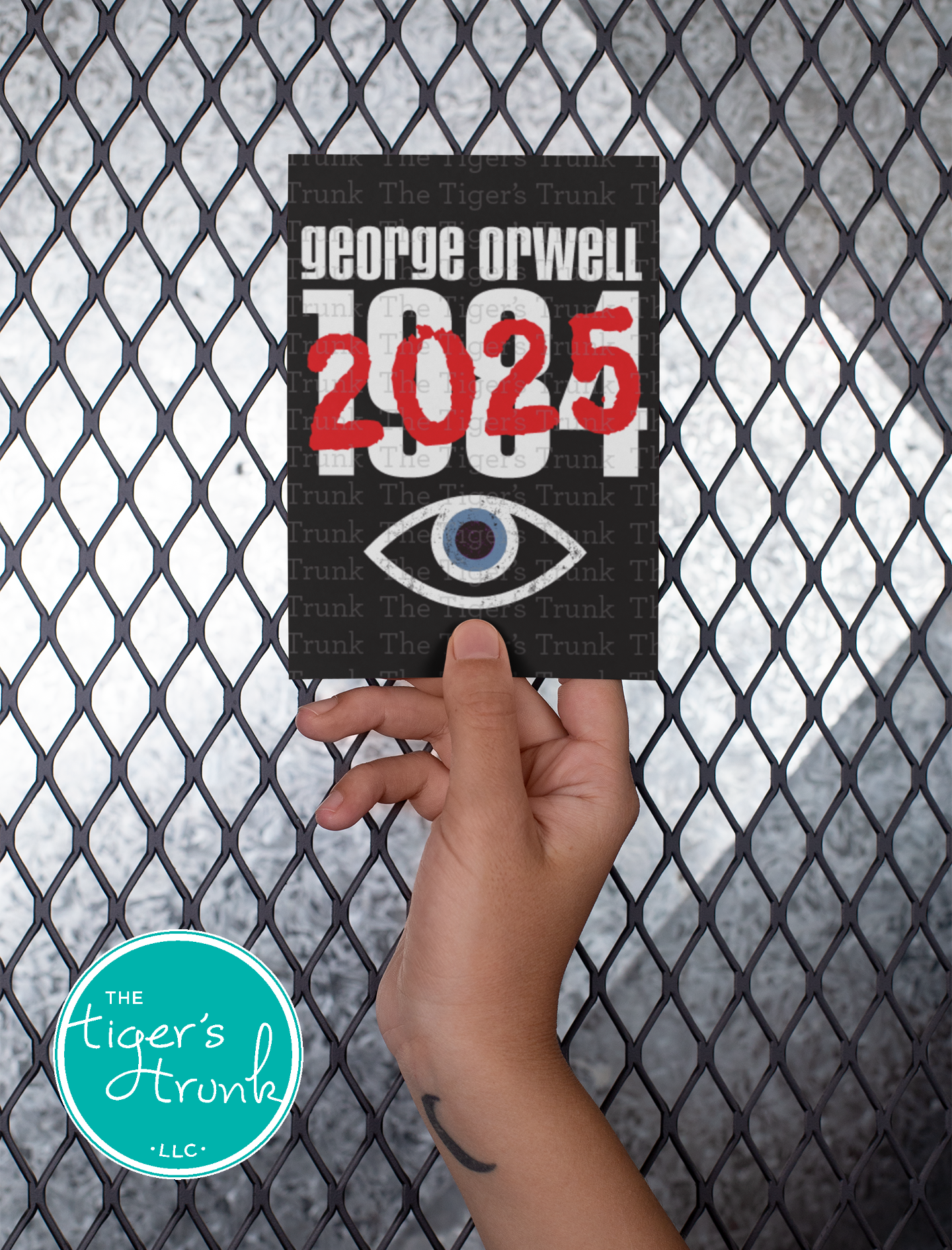 Printable digital greeting card with George Orwell 1984 crossed out and replaced with 2025, political warning, dystopian satire, instant download