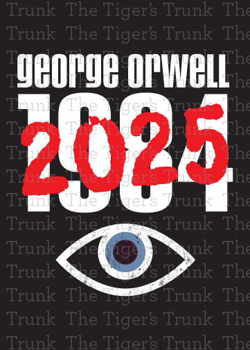 Printable digital greeting card with George Orwell 1984 crossed out and replaced with 2025, political warning, dystopian satire, instant download