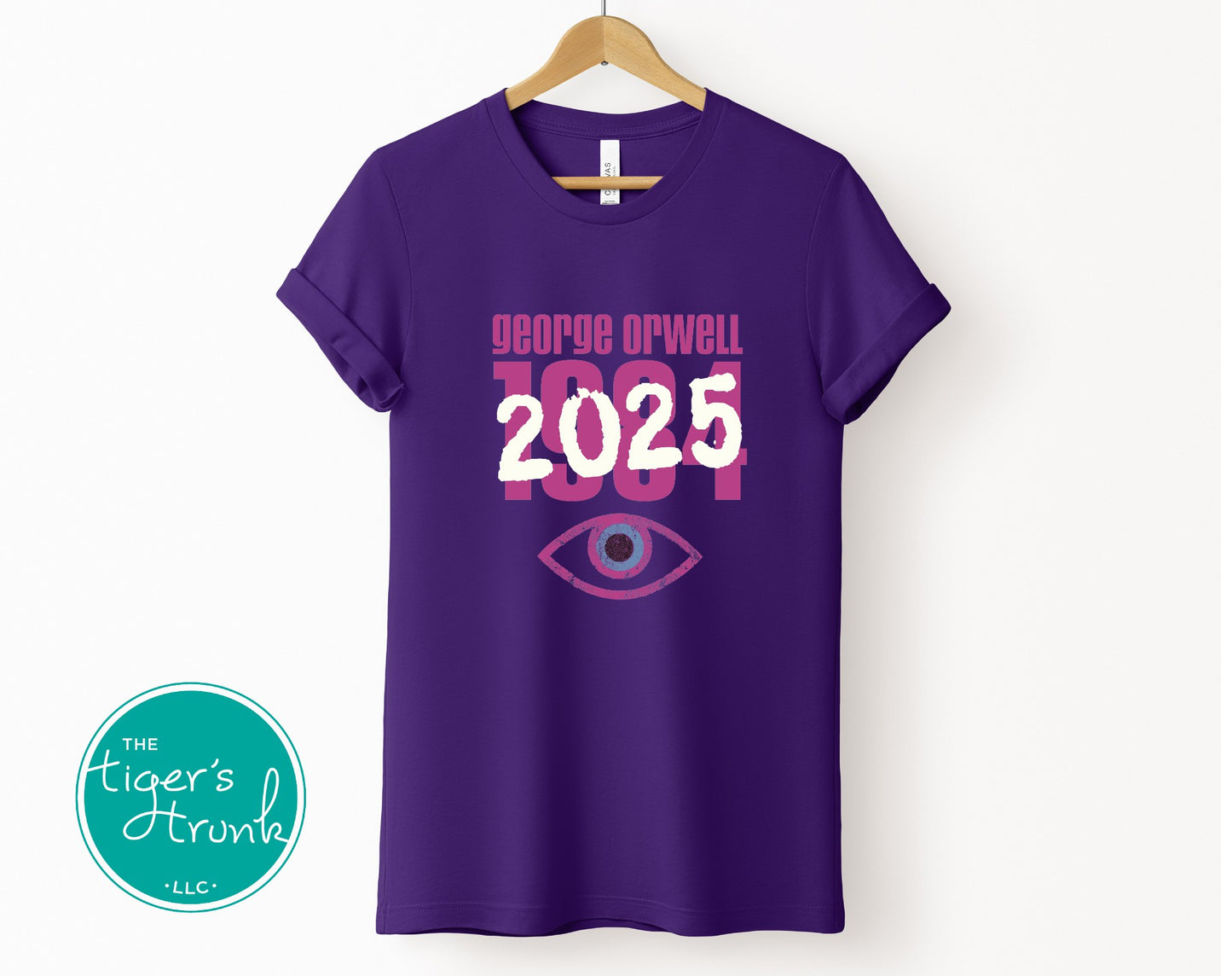 Political activism t-shirt with Orwell 1984 2025 message, free speech, government overreach warning, and dystopian satire