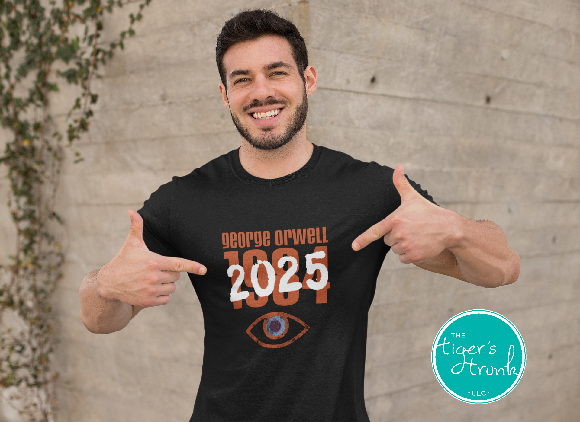 Political activism t-shirt with Orwell 1984 2025 message, free speech, government overreach warning, and dystopian satire