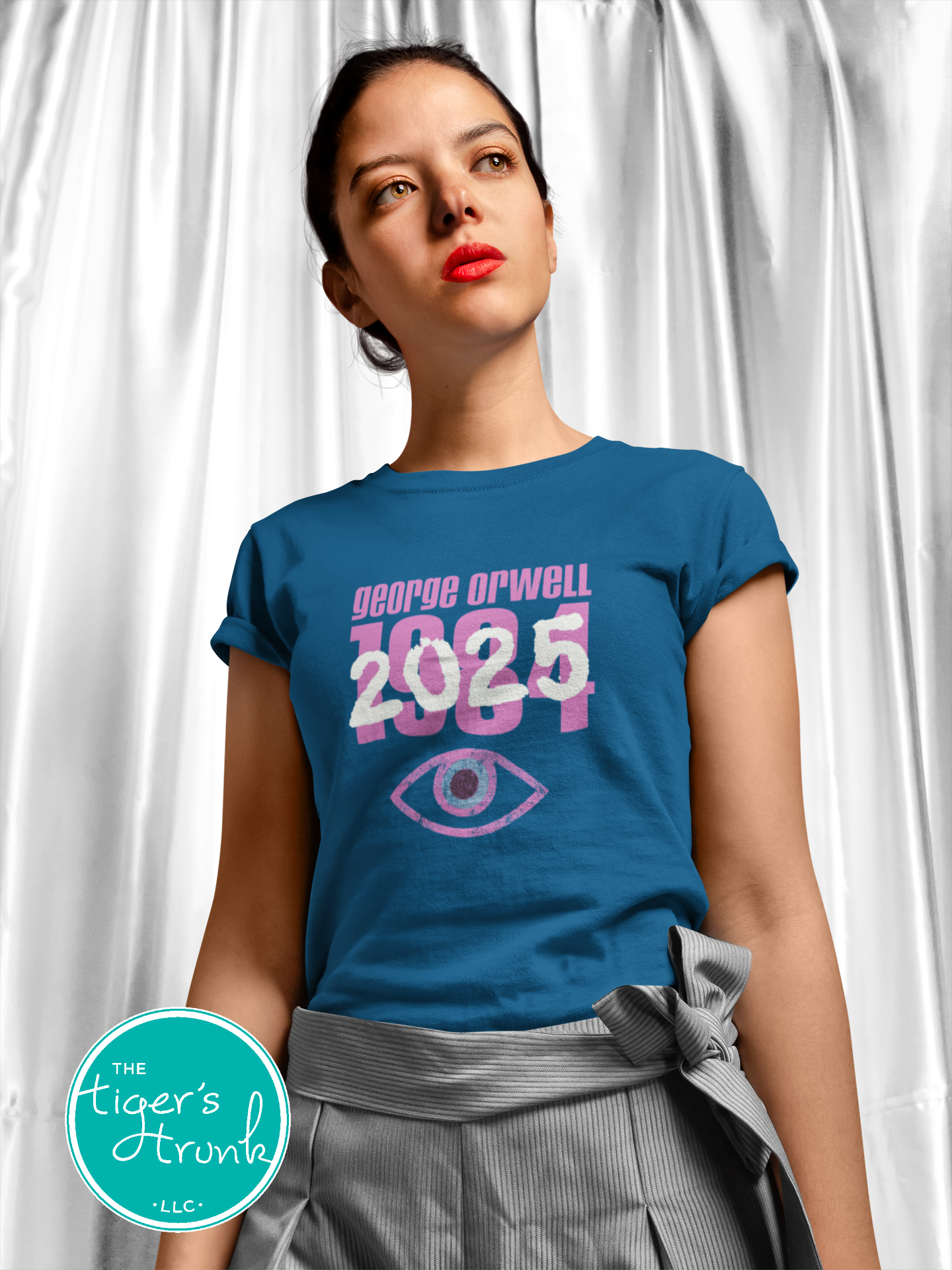 Political activism t-shirt with Orwell 1984 2025 message, free speech, government overreach warning, and dystopian satire