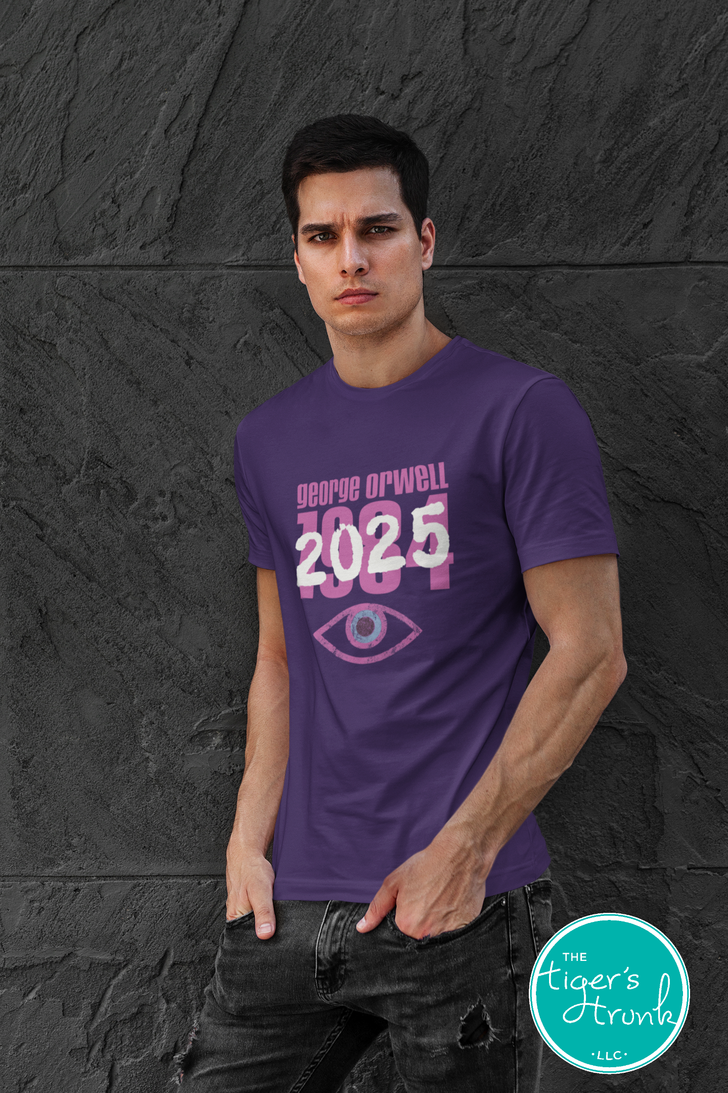 Political activism t-shirt with Orwell 1984 2025 message, free speech, government overreach warning, and dystopian satire