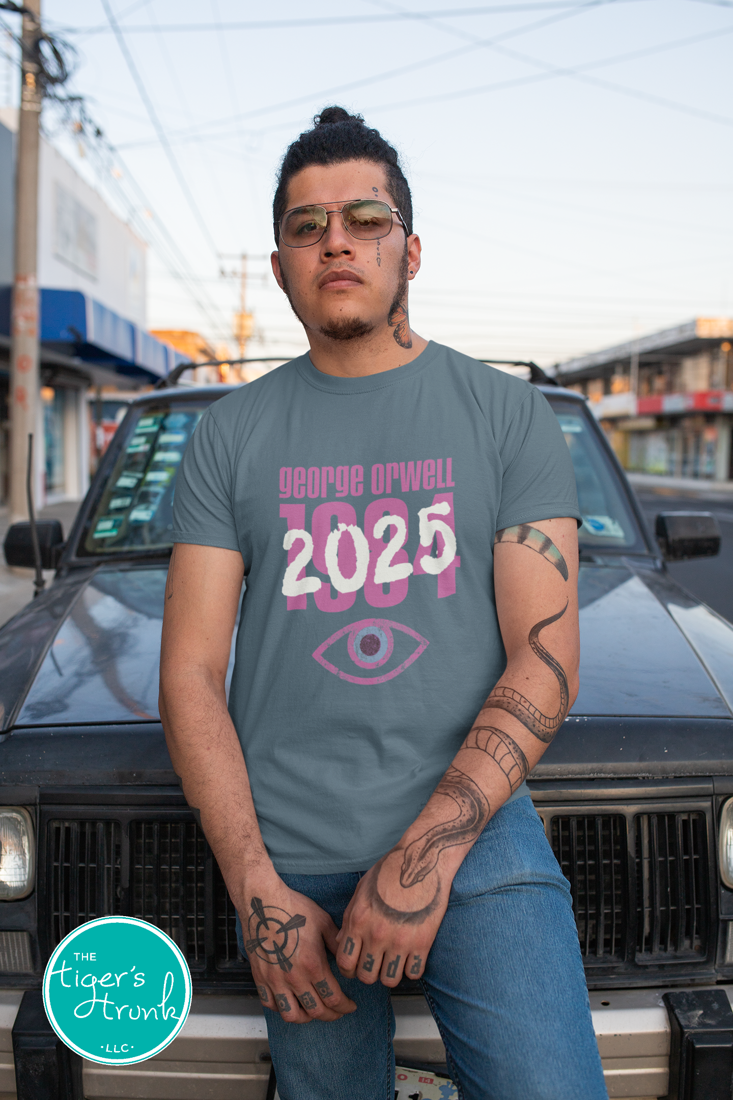 Political activism t-shirt with Orwell 1984 2025 message, free speech, government overreach warning, and dystopian satire