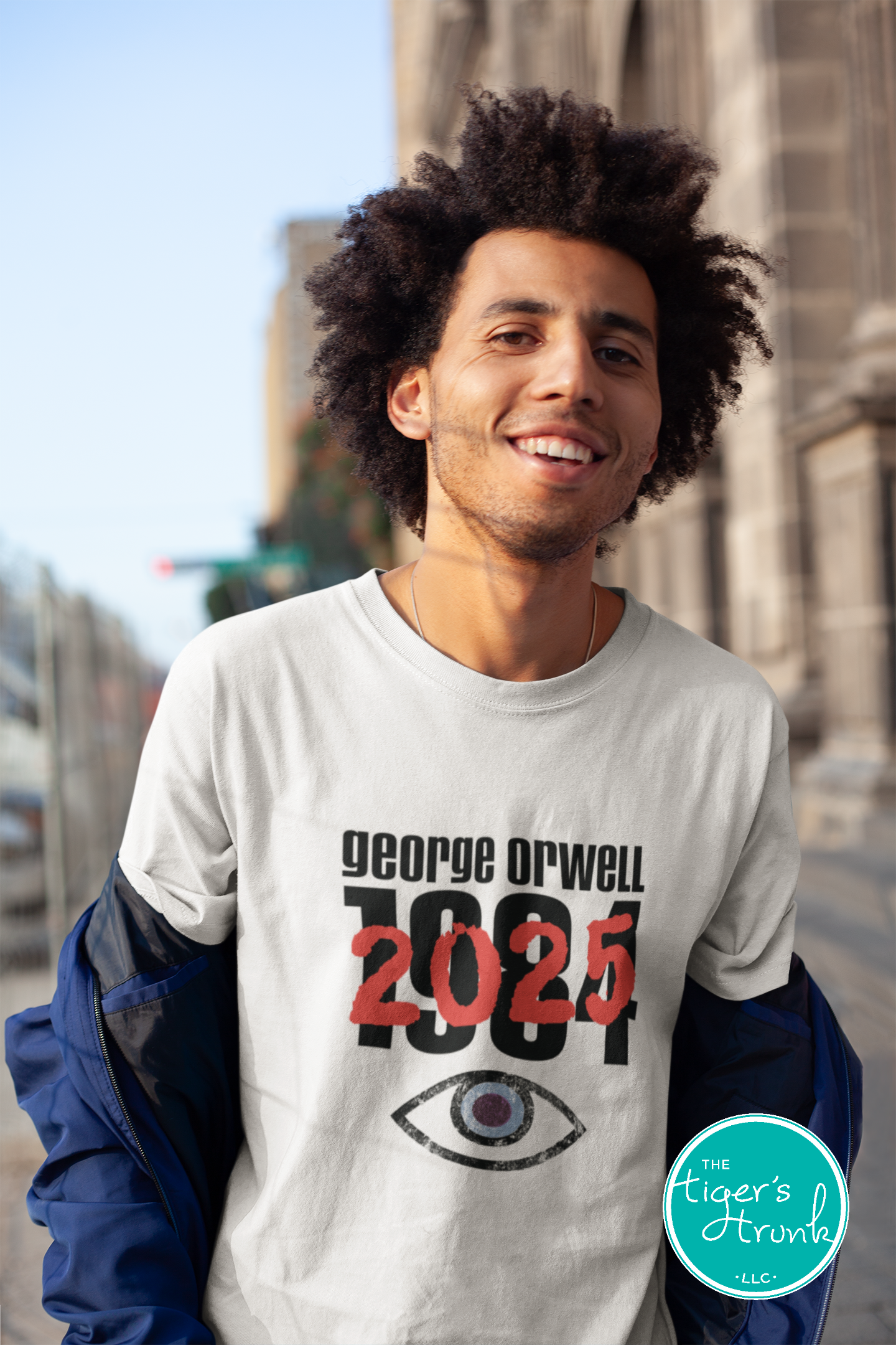 Political activism t-shirt with Orwell 1984 2025 message, free speech, government overreach warning, and dystopian satire