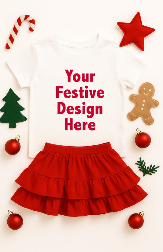 Red skirt with Christmas-themed decorations on a white background