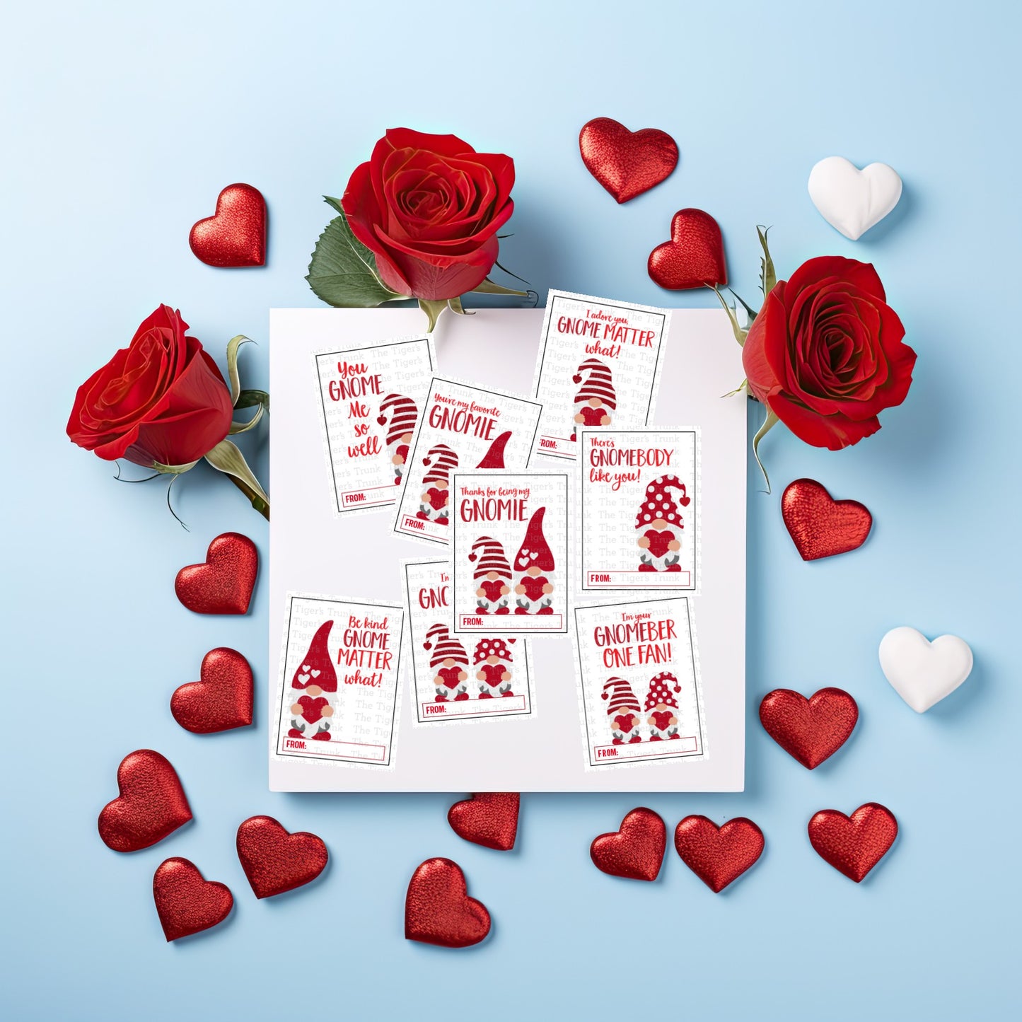 Gnome-themed printable Valentine’s cards featuring 8 unique designs, perfect for kids and classroom exchanges.