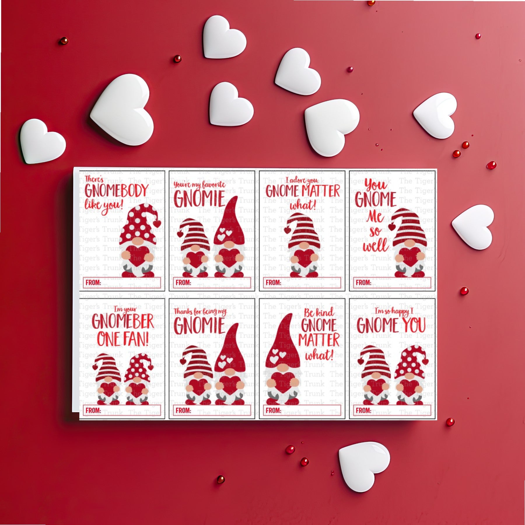 Gnome-themed printable Valentine’s cards featuring 8 unique designs, perfect for kids and classroom exchanges.