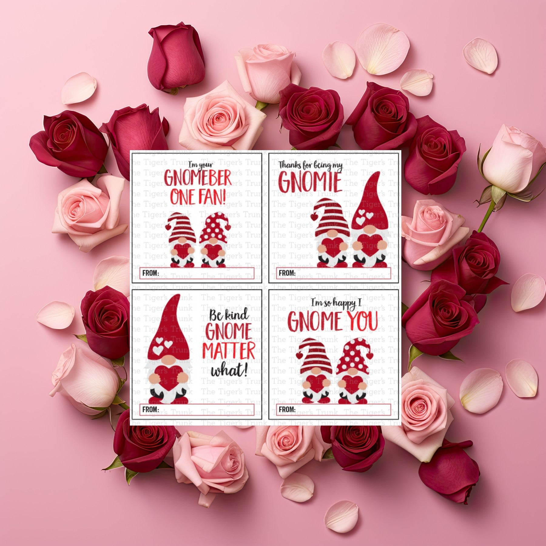 Digital download Valentine tags featuring gnome designs, 8 unique and colorful options, perfect for kids and party favors.