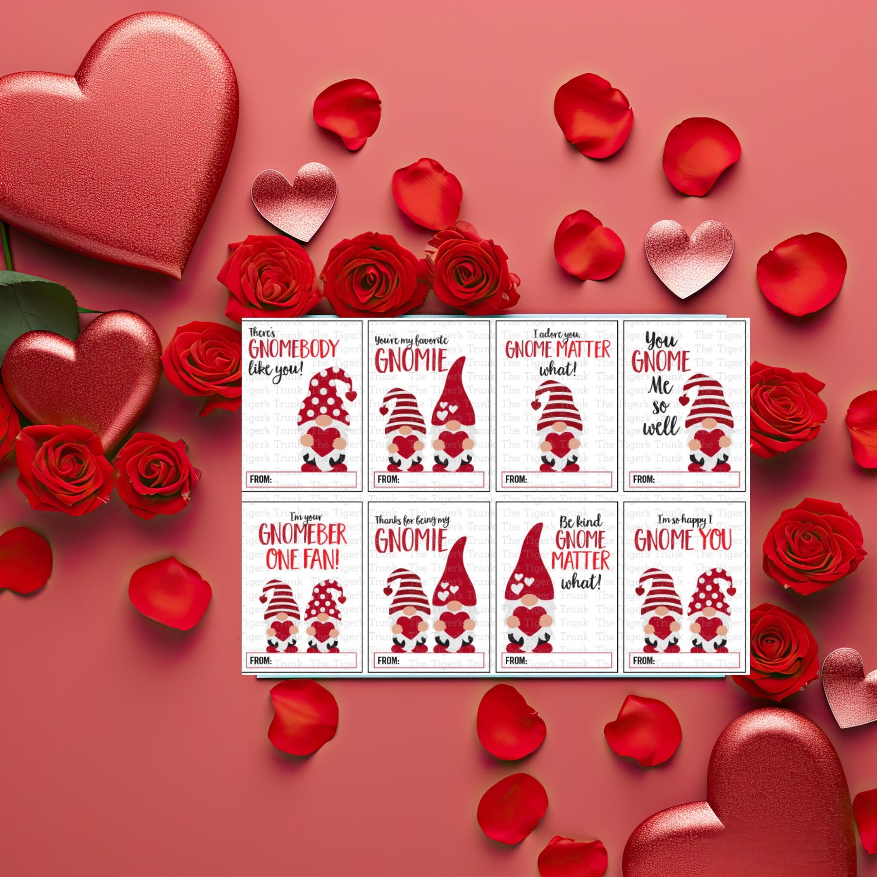 Gnome-themed printable Valentine cards with 8 unique designs, perfect for classroom exchanges and kids, instant download.