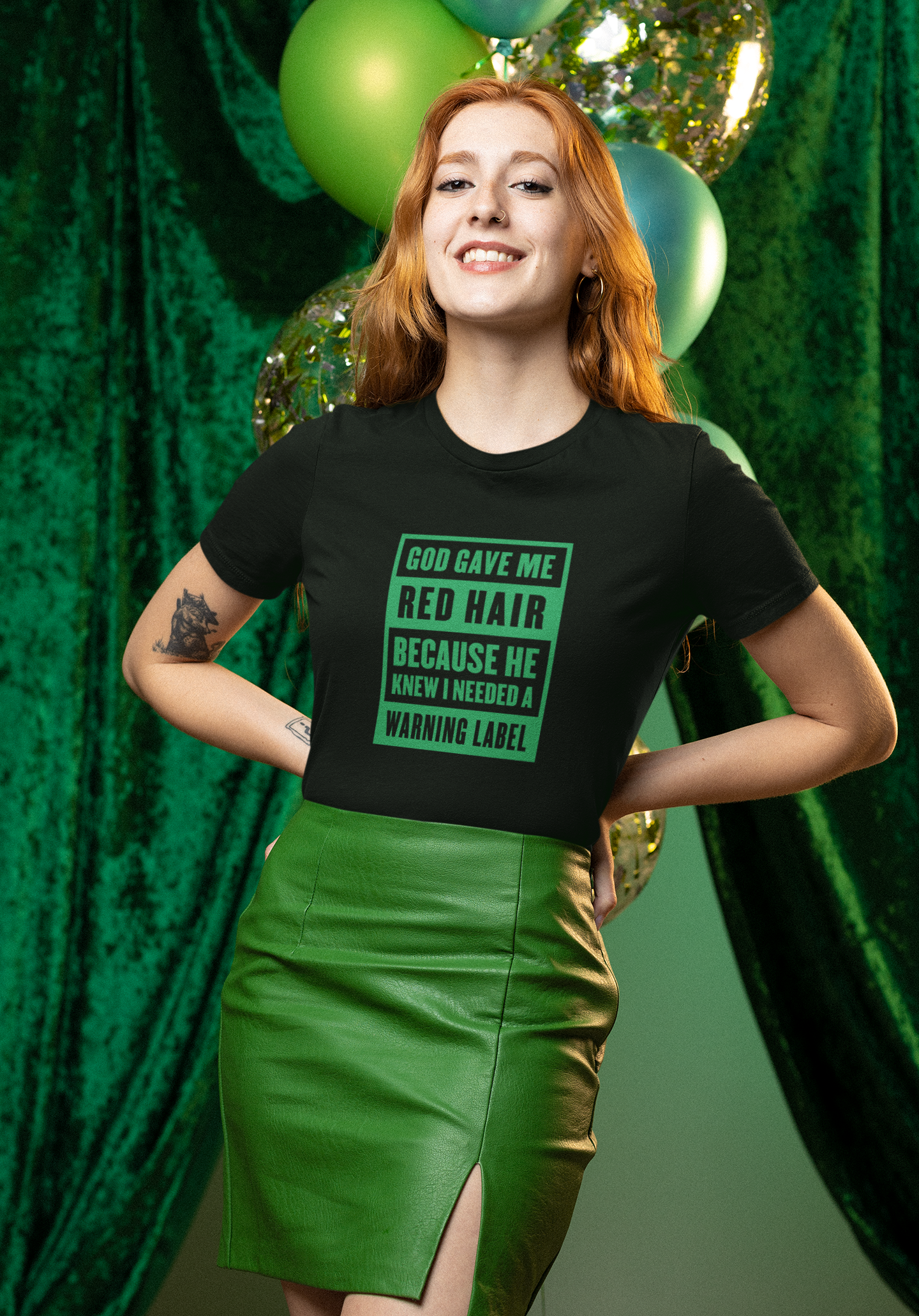 Funny St. Patrick’s Day t-shirt featuring God Gave Me Red Hair Because He Knew I Needed a Warning Label with an Irish-inspired design