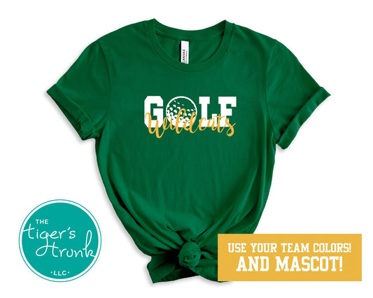 Personalized golf shirt with golf ball O design, customized with school mascot name and team colors, ideal for golf fans and supporters