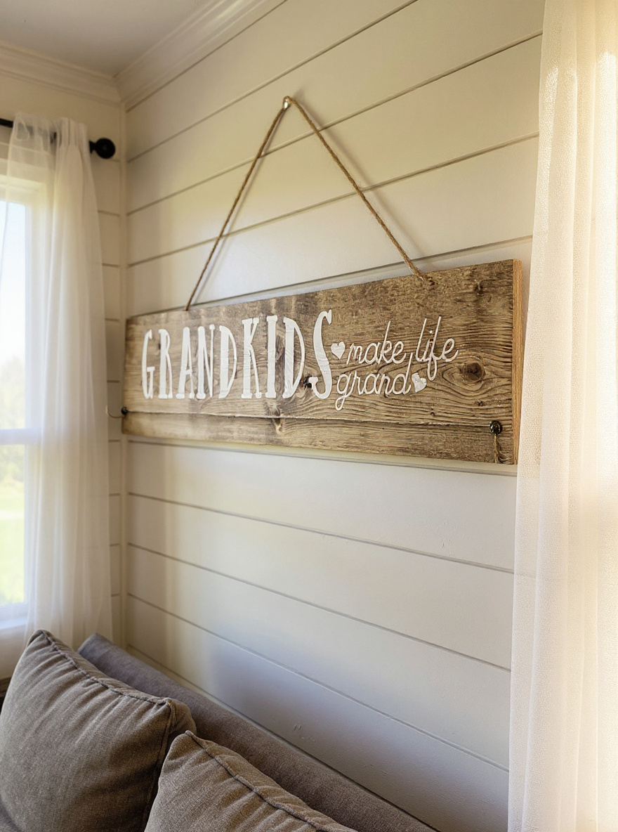 Wooden sign with 'GRANDKIDS make life grand' text hanging on a wall.