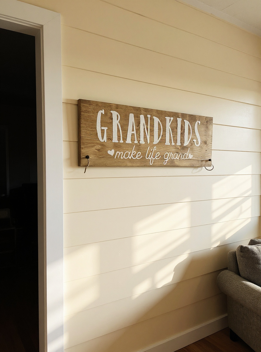 Wooden sign with 'GRANDKIDS make life grand' on a wall with a couch in the corner.