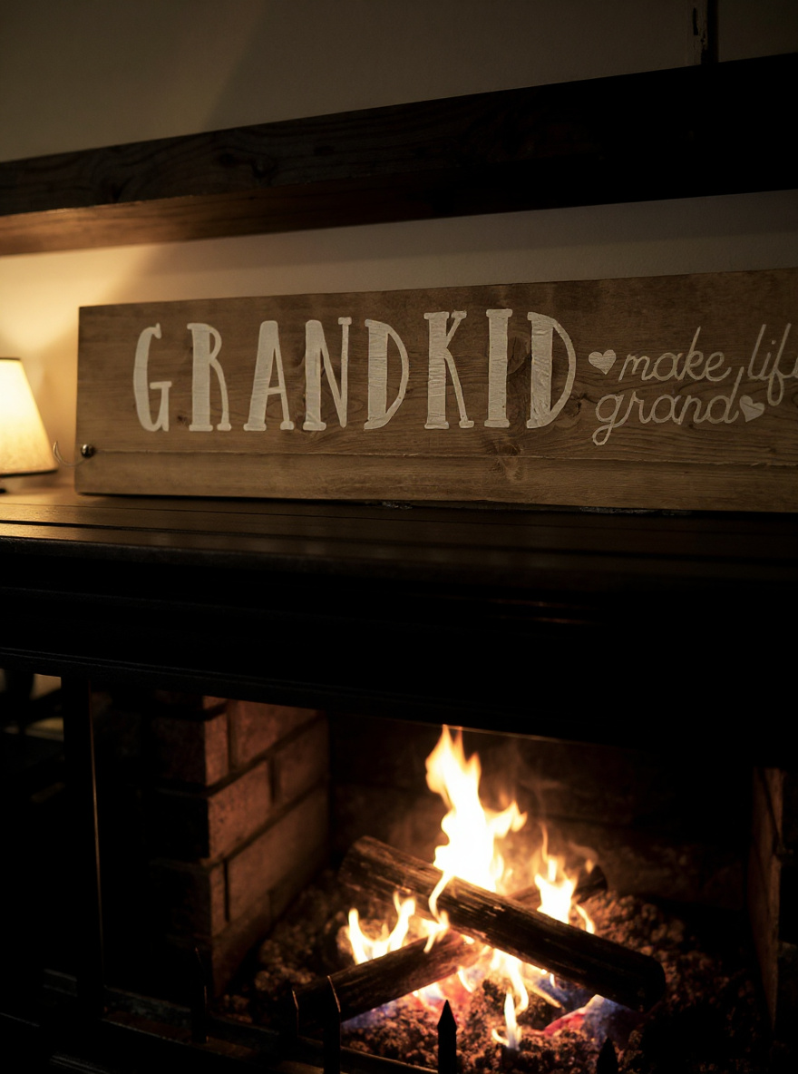 Wooden sign with 'GRANDKID' text over a fireplace
