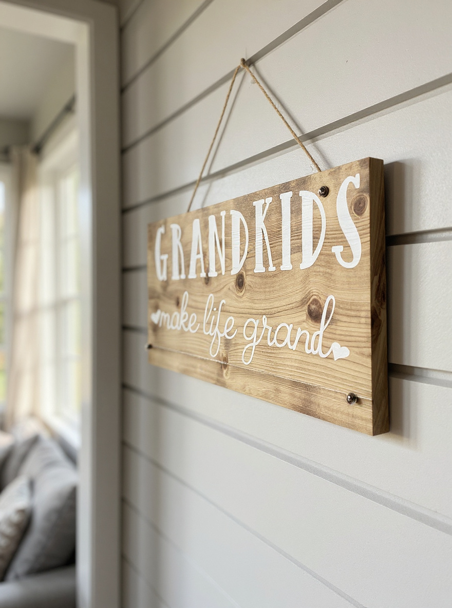Wooden sign with 'GRANDKIDS make life grand' text hanging on a wall.