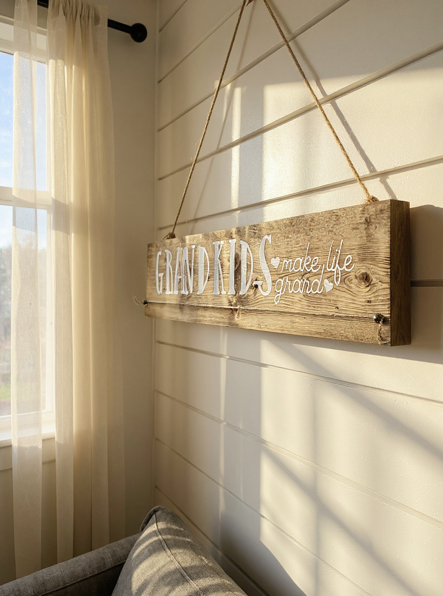 Wooden sign with 'GRANDDADS make life grand' text hanging on a wall with sunlight filtering through curtains.