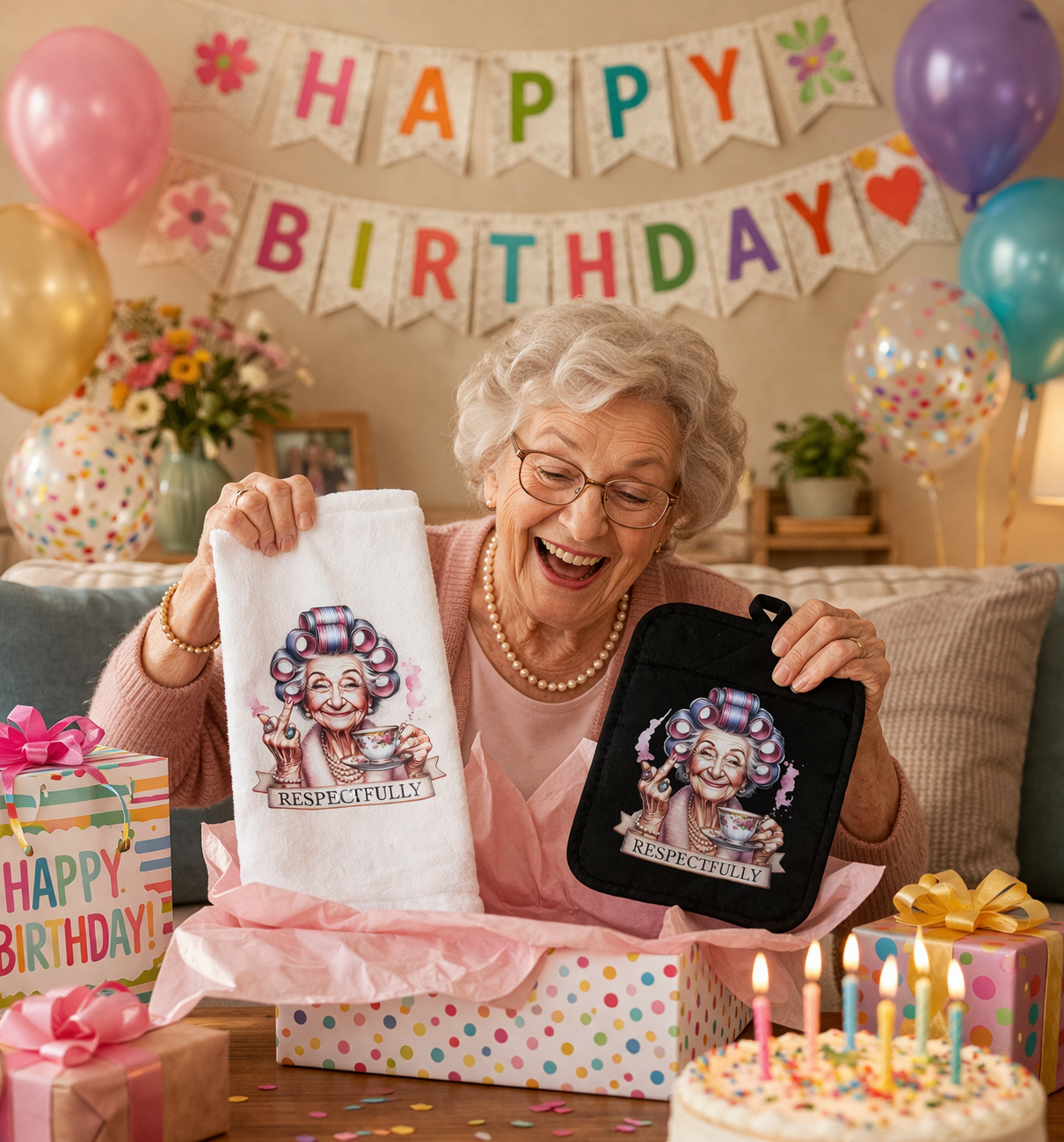 Happy birthday celebration with an elderly woman holding gifts and a cake.