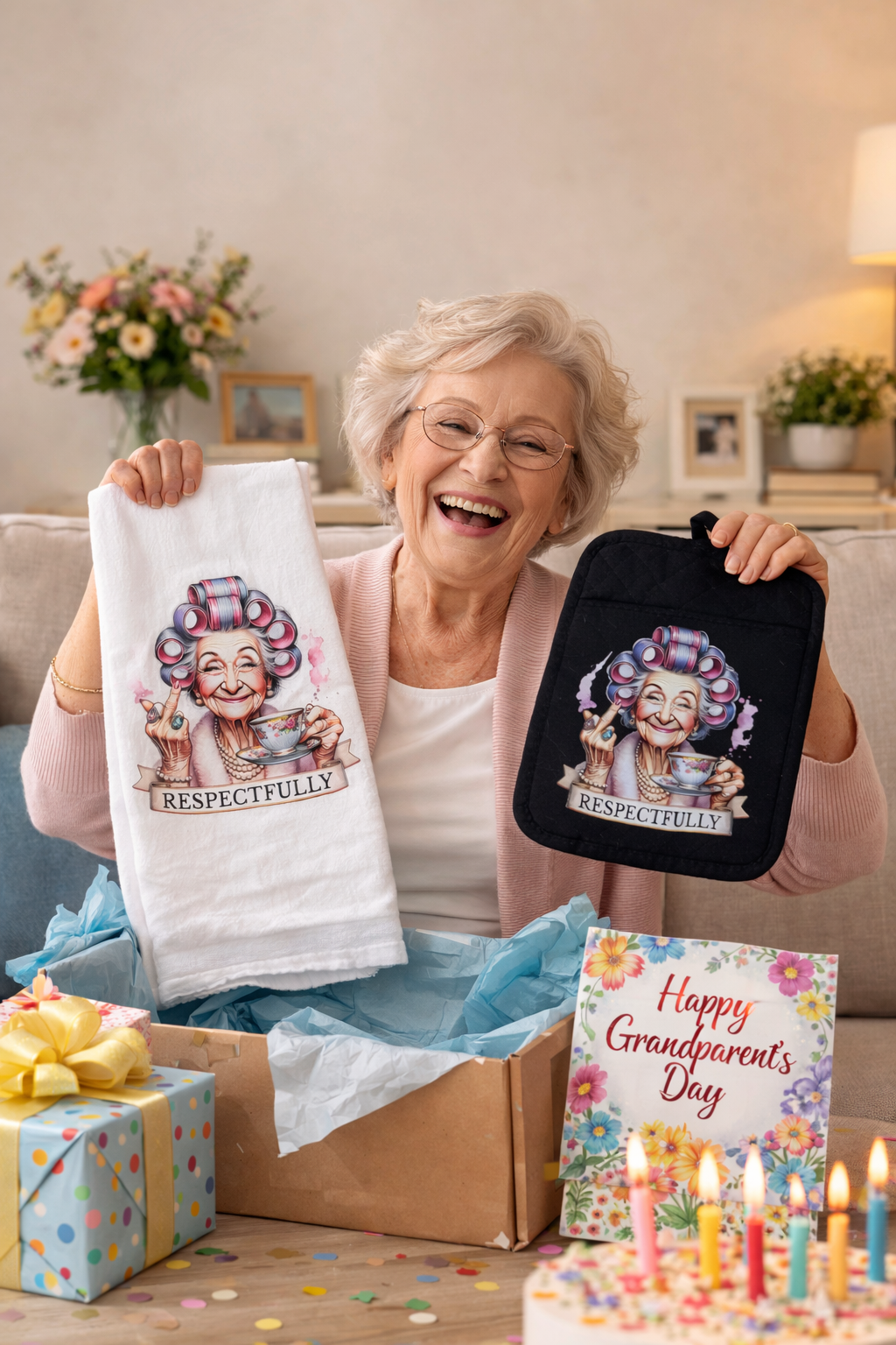 Woman holding a towel and pot holder with a cartoon character and 'Respectfully' text, surrounded by gift boxes and a cake on a table.