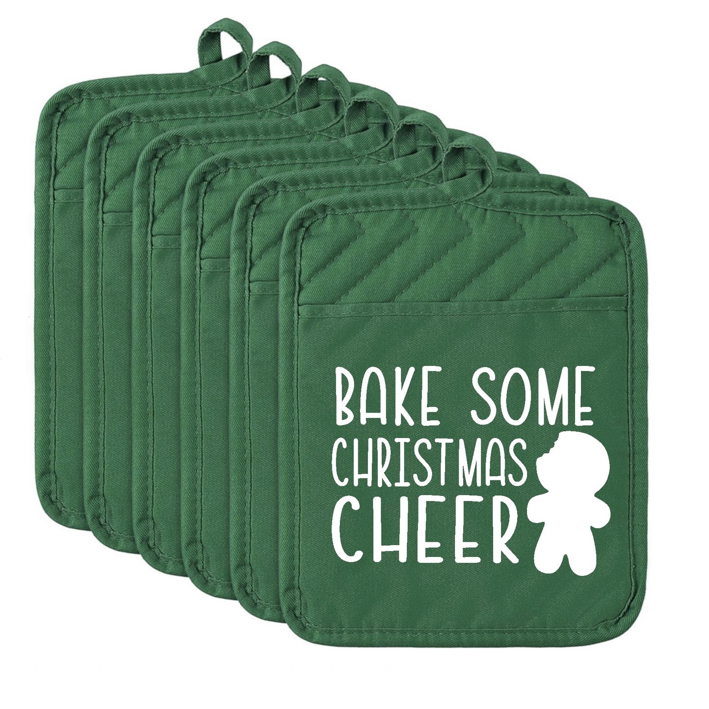 Set of green pot holders with 'Bake Some Christmas Cheer' text and gingerbread man design.