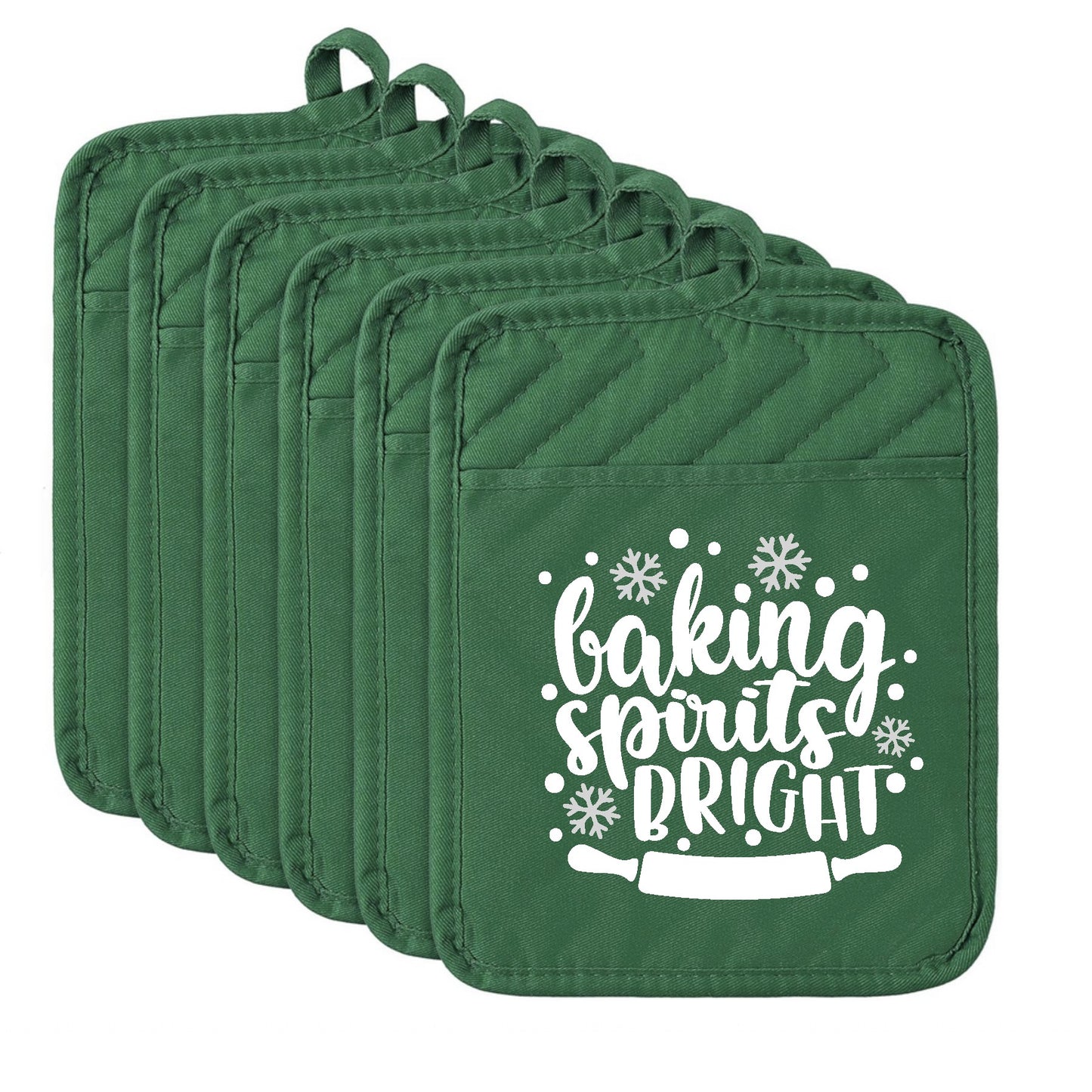 Set of green pot holders with 'baking spirits bright' text on a white background
