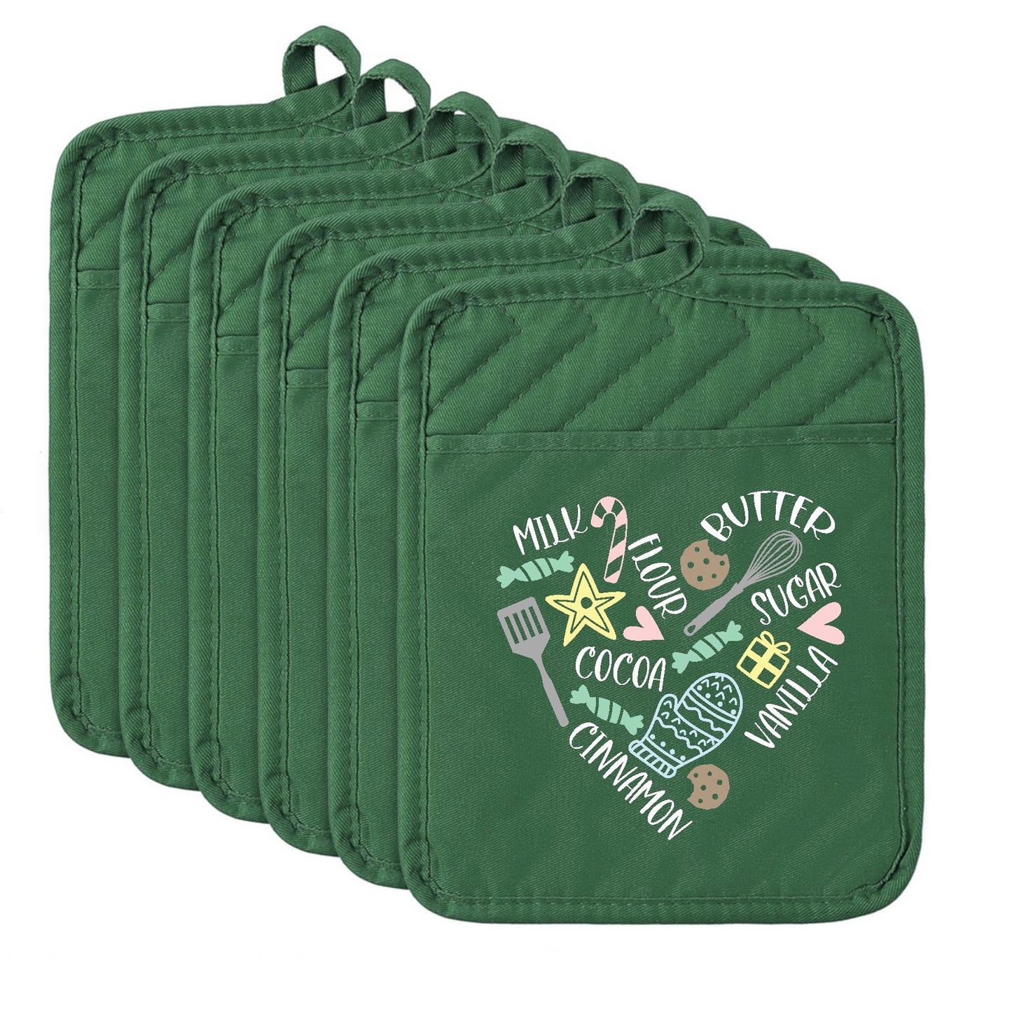Set of green pot holders with kitchen-themed design on a white background