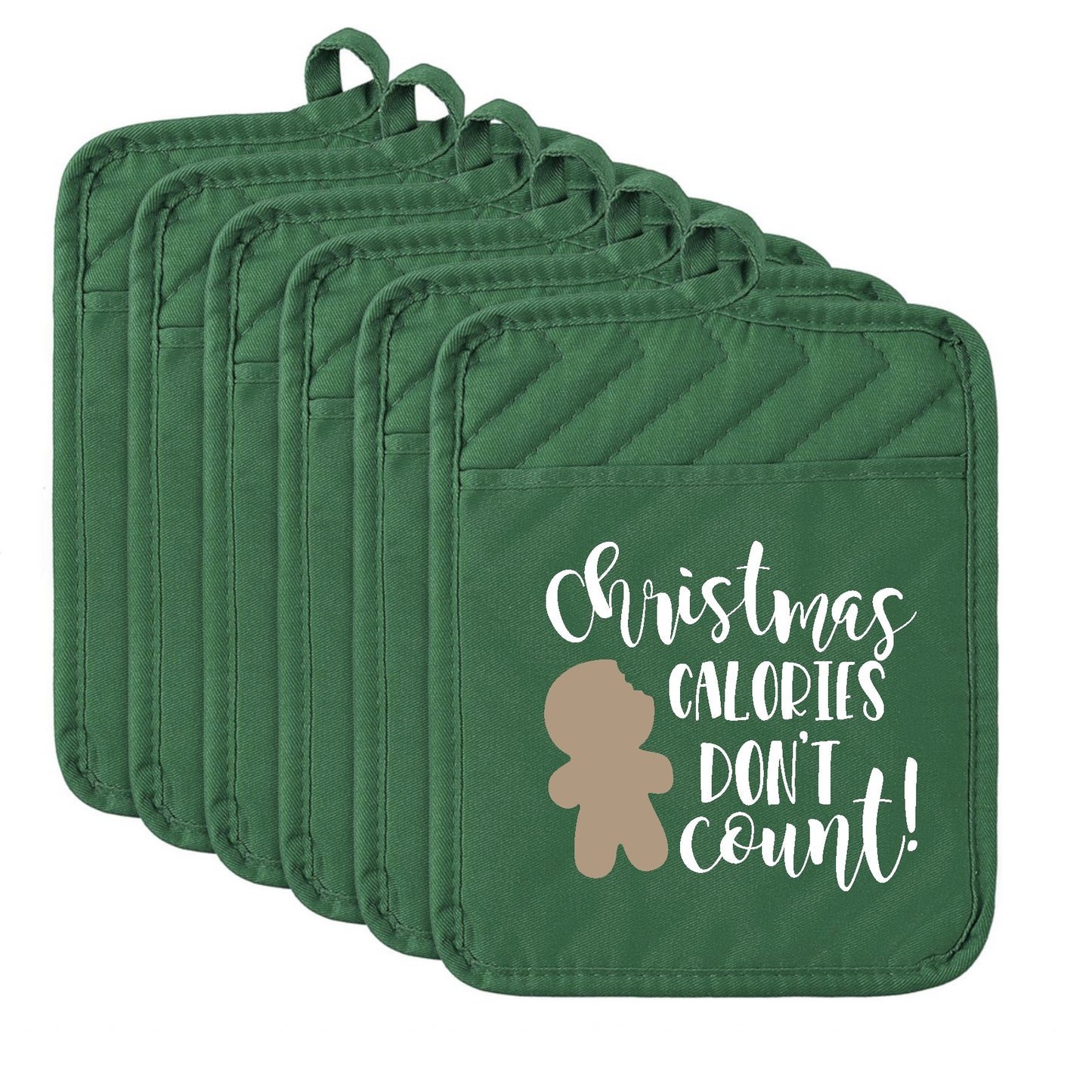Set of green pot holders with 'Christmas calories don't count!' text and gingerbread man graphic on a white background.