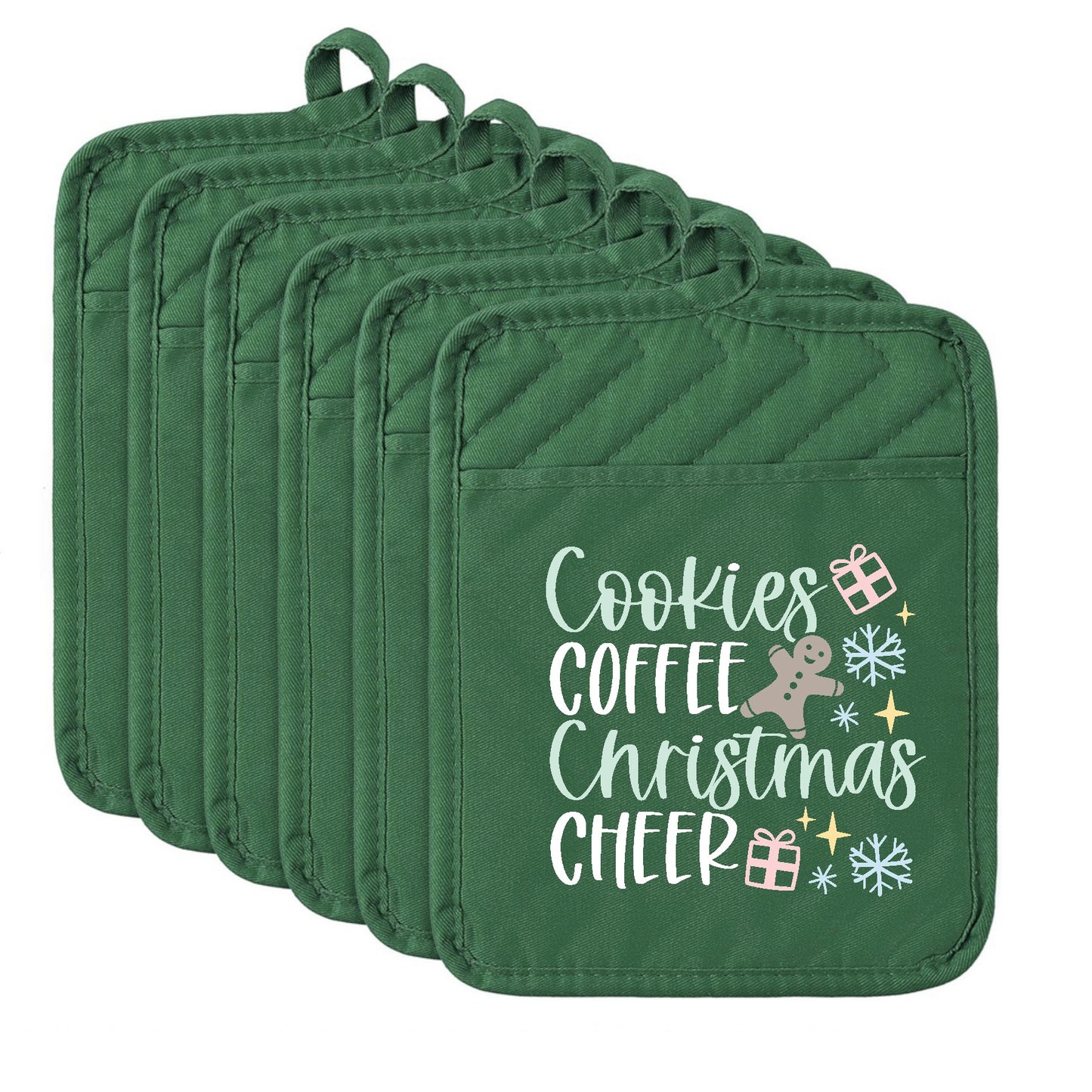 Set of green pot holders with Christmas-themed text and graphics on a white background