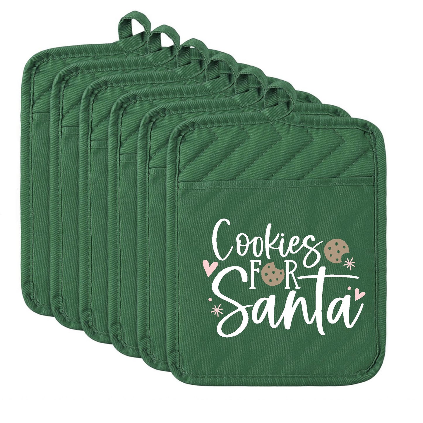 Set of green pot holders with 'Cookies for Santa' text on a white background
