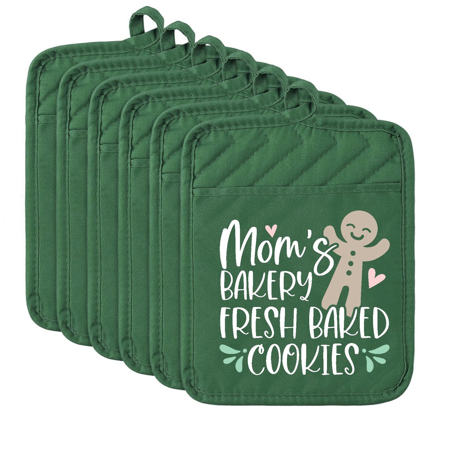 Set of green pot holders with 'Mom's Bakery Fresh Baked Cookies' text and gingerbread man design.