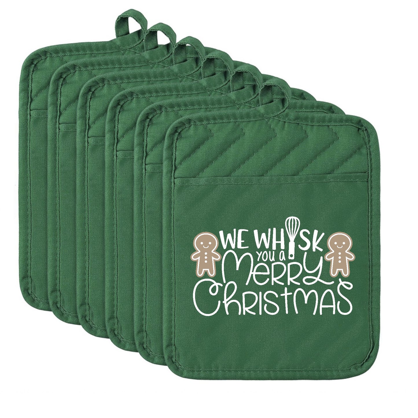 Set of green pot holders with Christmas design and text on a white background