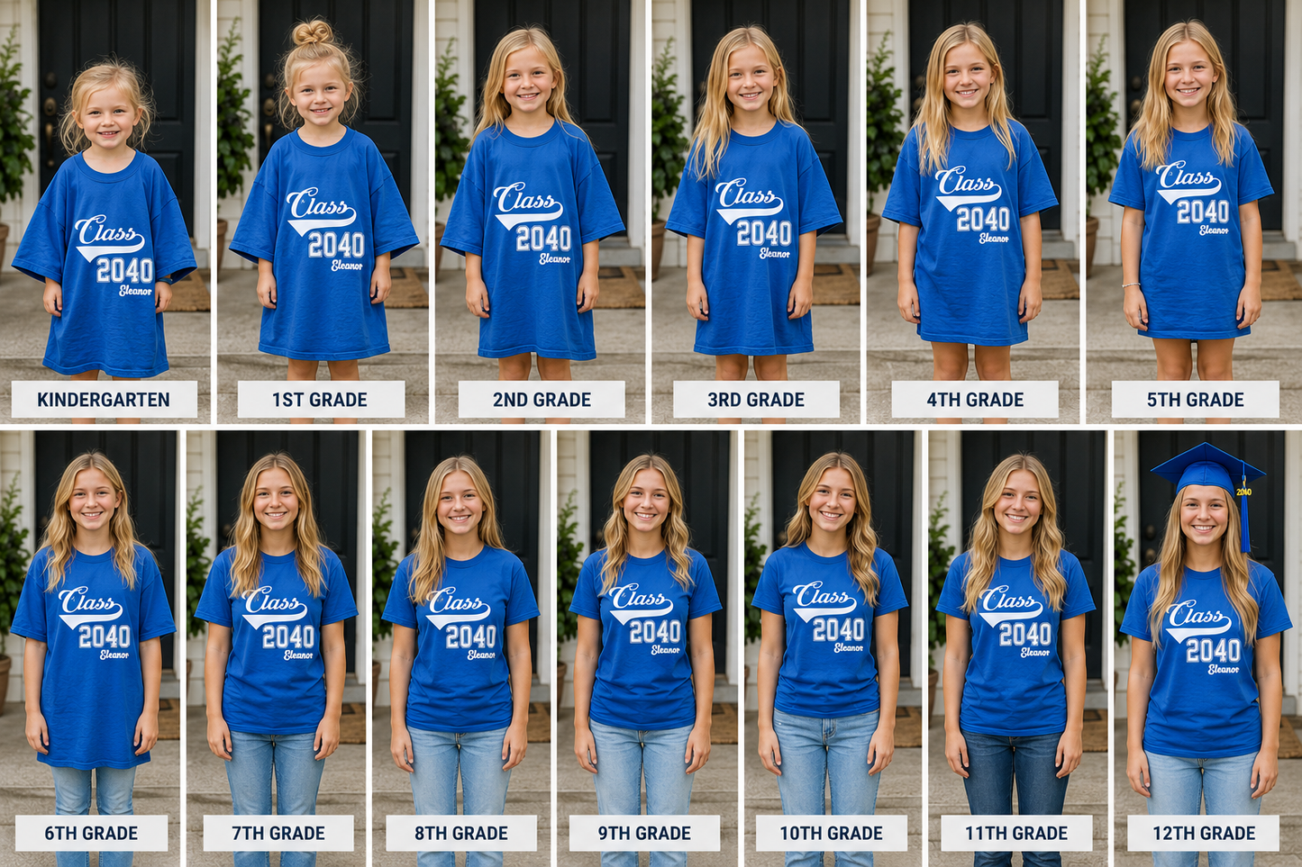 Sequence of a young girl wearing a blue 'Class of 2040' shirt for kindergarten to 12th grade.