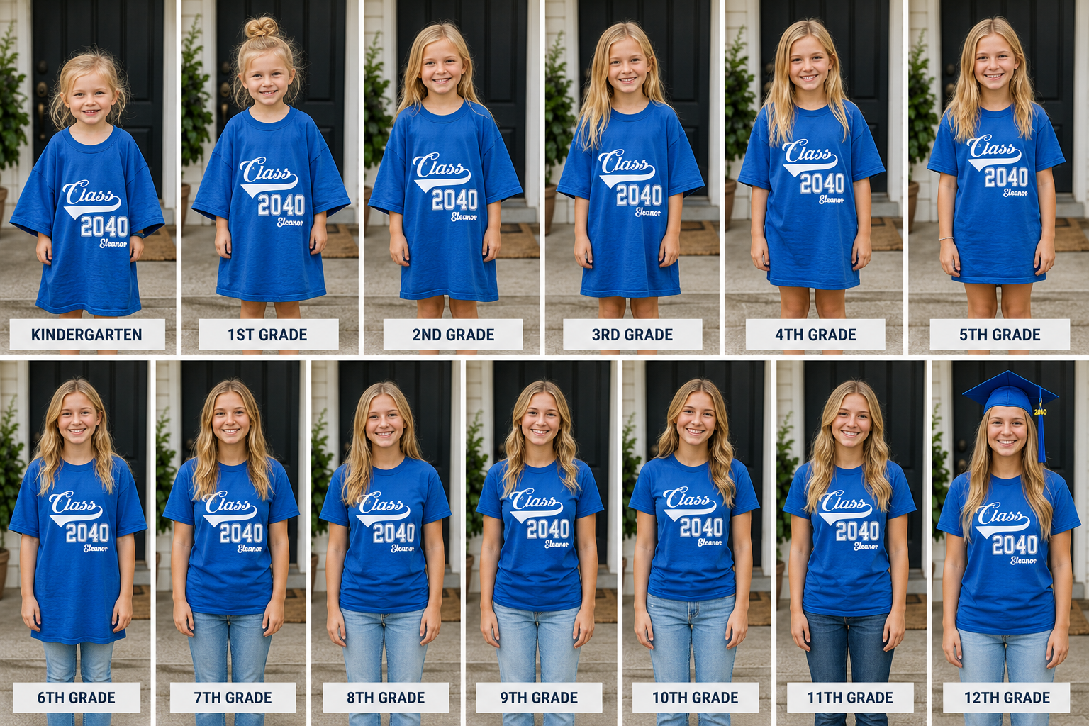 Sequence of a young girl wearing a blue 'Class of 2040' shirt for kindergarten to 12th grade.