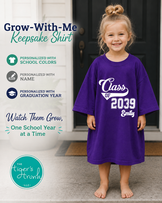Child wearing a purple 'Class of 2039' shirt with text about personalized graduation shirts.