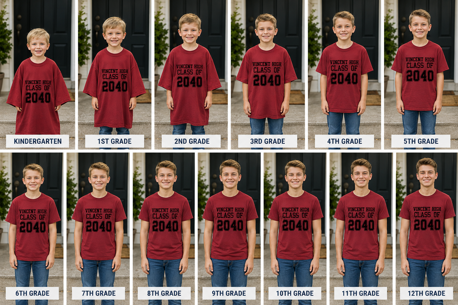 Sequence of a young boy wearing a red t-shirt with grade-level text from Kindergarten to 12th Grade.
