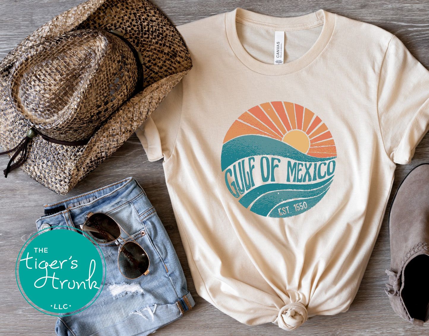 Coastal sunset and wave t-shirt with Gulf of Mexico, Est. 1550—a historical protest statement against renaming the Gulf