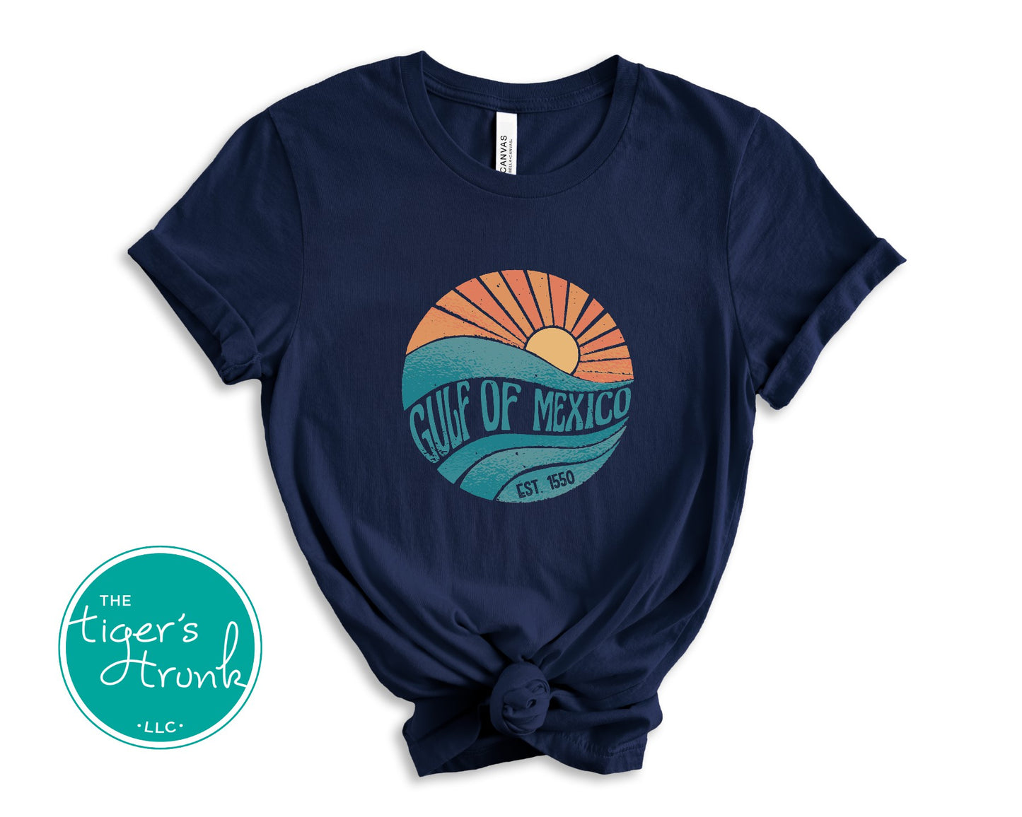 Coastal sunset and wave t-shirt with Gulf of Mexico, Est. 1550—a historical protest statement against renaming the Gulf