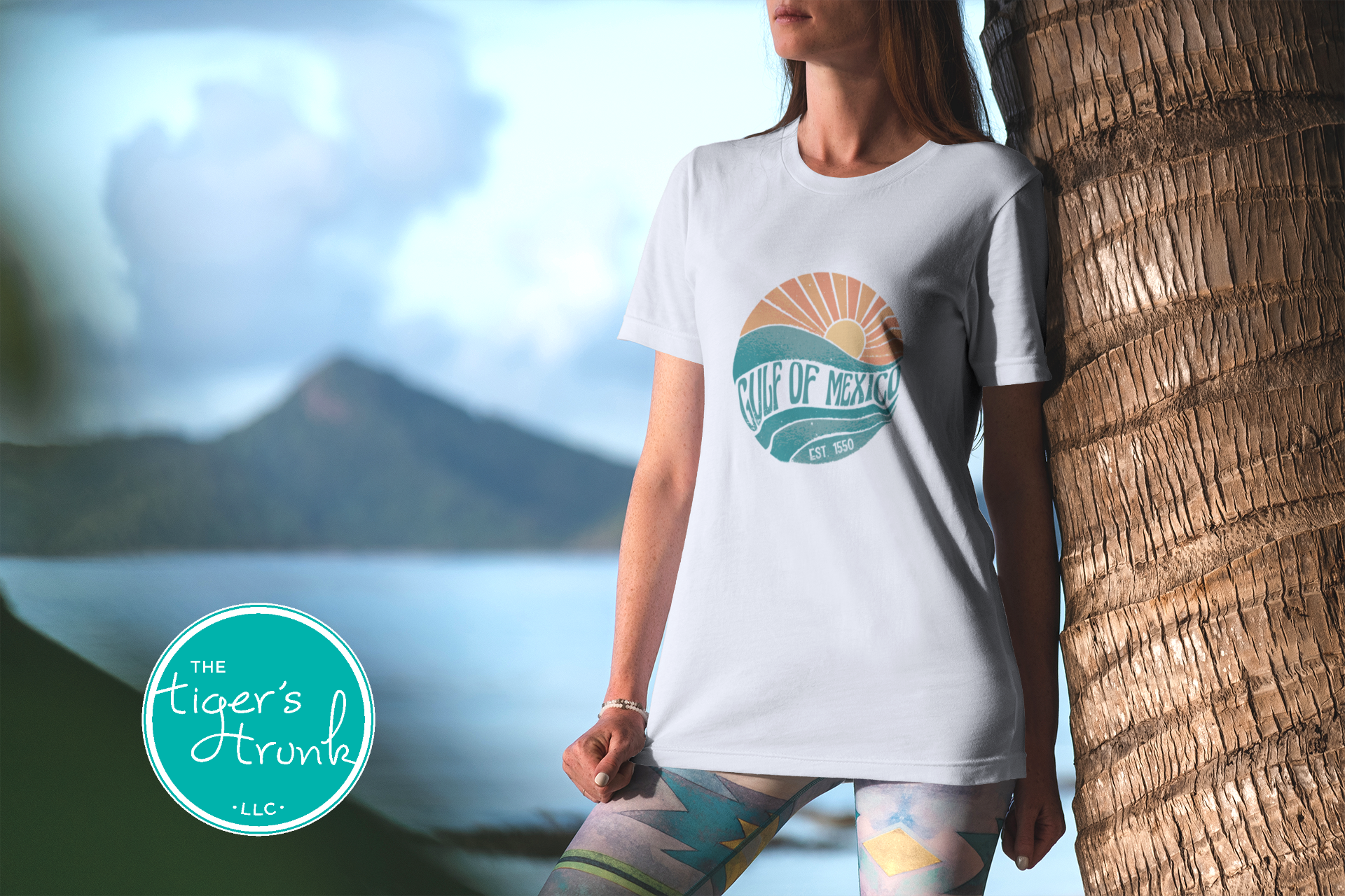 Coastal sunset and wave t-shirt with Gulf of Mexico, Est. 1550—a historical protest statement against renaming the Gulf