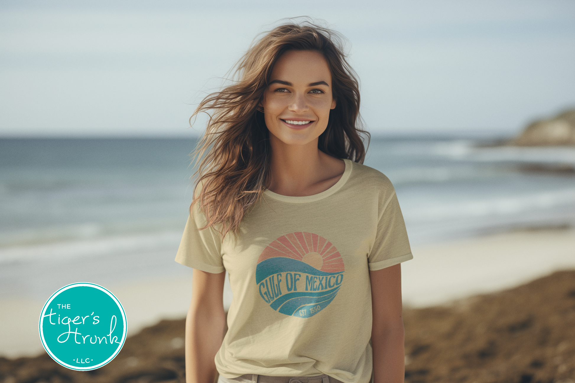 Coastal sunset and wave t-shirt with Gulf of Mexico, Est. 1550—a historical protest statement against renaming the Gulf