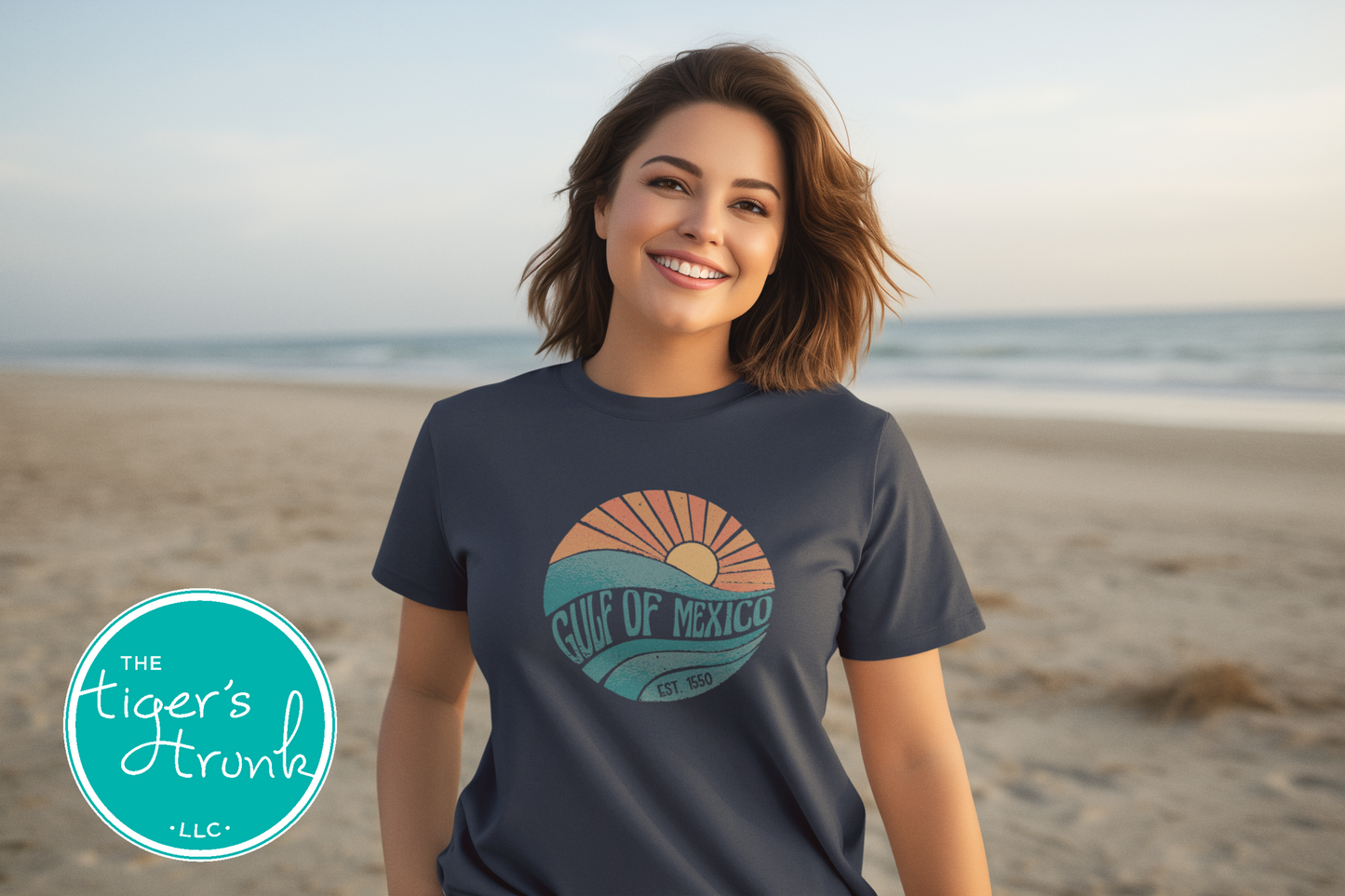 Coastal sunset and wave t-shirt with Gulf of Mexico, Est. 1550—a historical protest statement against renaming the Gulf