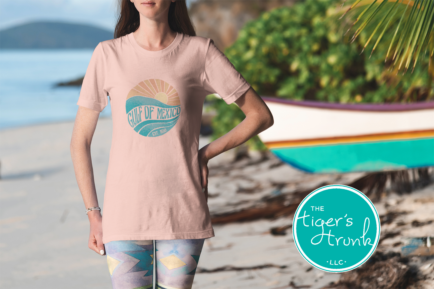 Coastal sunset and wave t-shirt with Gulf of Mexico, Est. 1550—a historical protest statement against renaming the Gulf