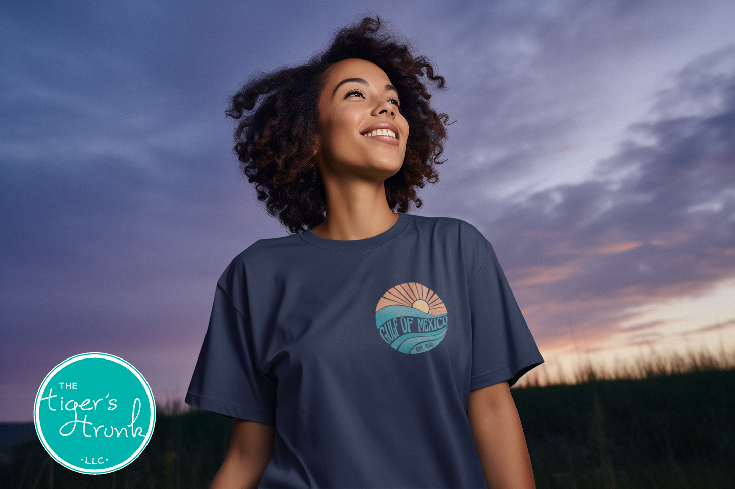 Coastal sunset and wave t-shirt with Gulf of Mexico, Est. 1550—a historical protest statement against renaming the Gulf